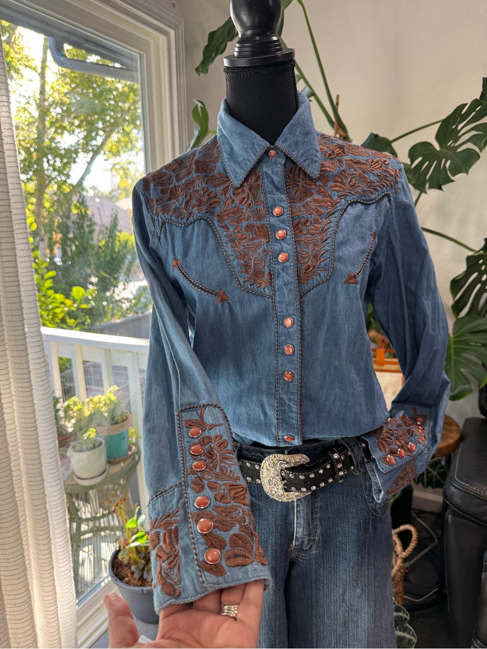 Scully Blue Denim Western Shirt with Brown Embroidery